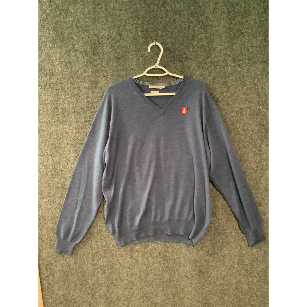 Peter Millar Sweater Mens 2XL Blue Merino Wool V Neck Pullover Crest Patch 1897